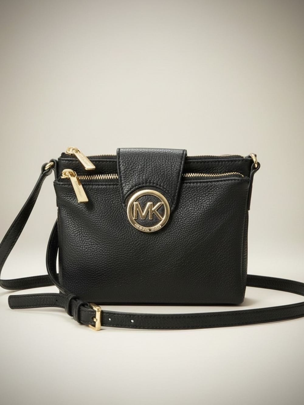 Michael Kors Fulton Double Zip Black Pebbled Leather Crossbody Bag Gold Hardware - Picture 3 of 12